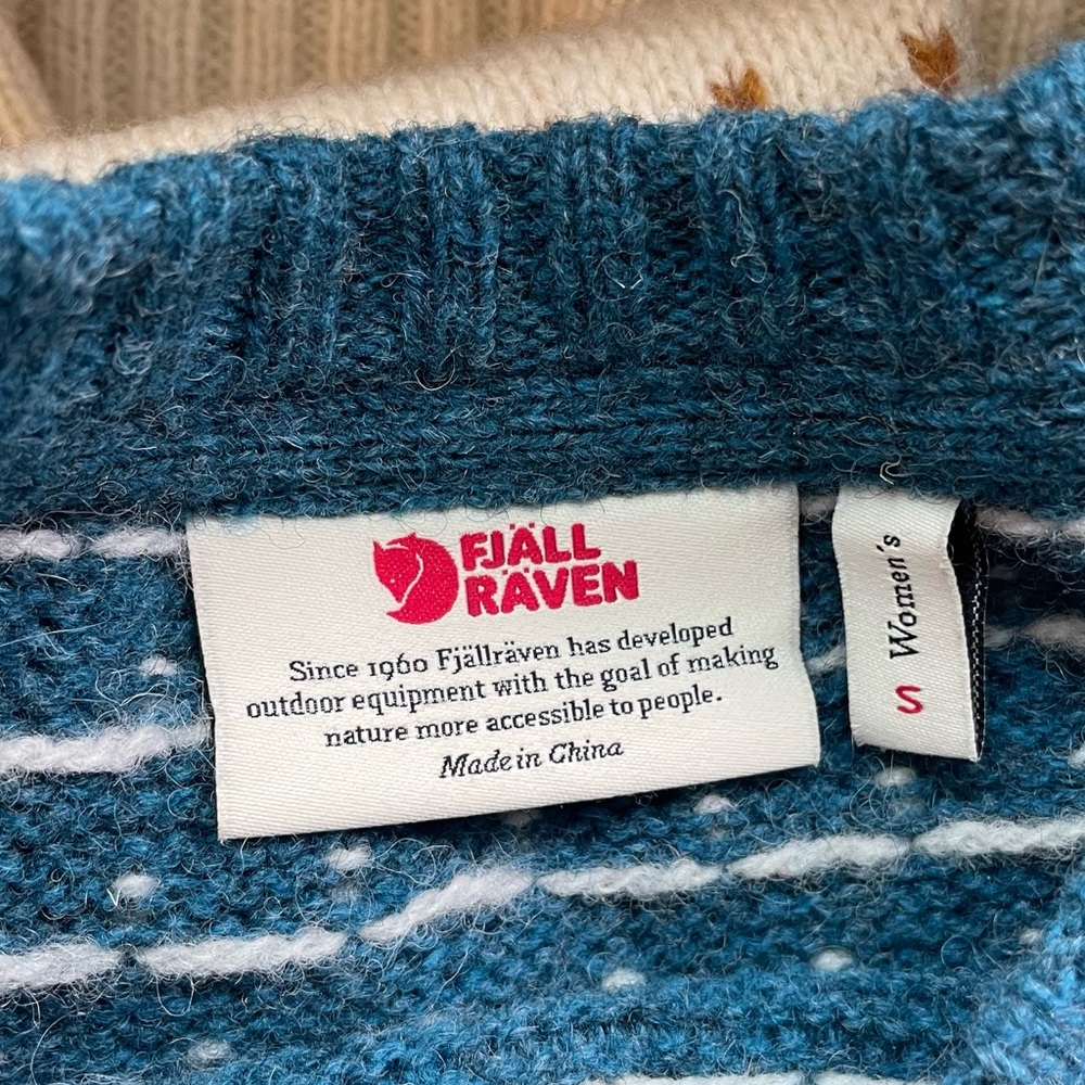 Fjallraven Cream Fair Isle Wool Crewneck Sweater with Blue and Brown Accents - Picture 4 of 6